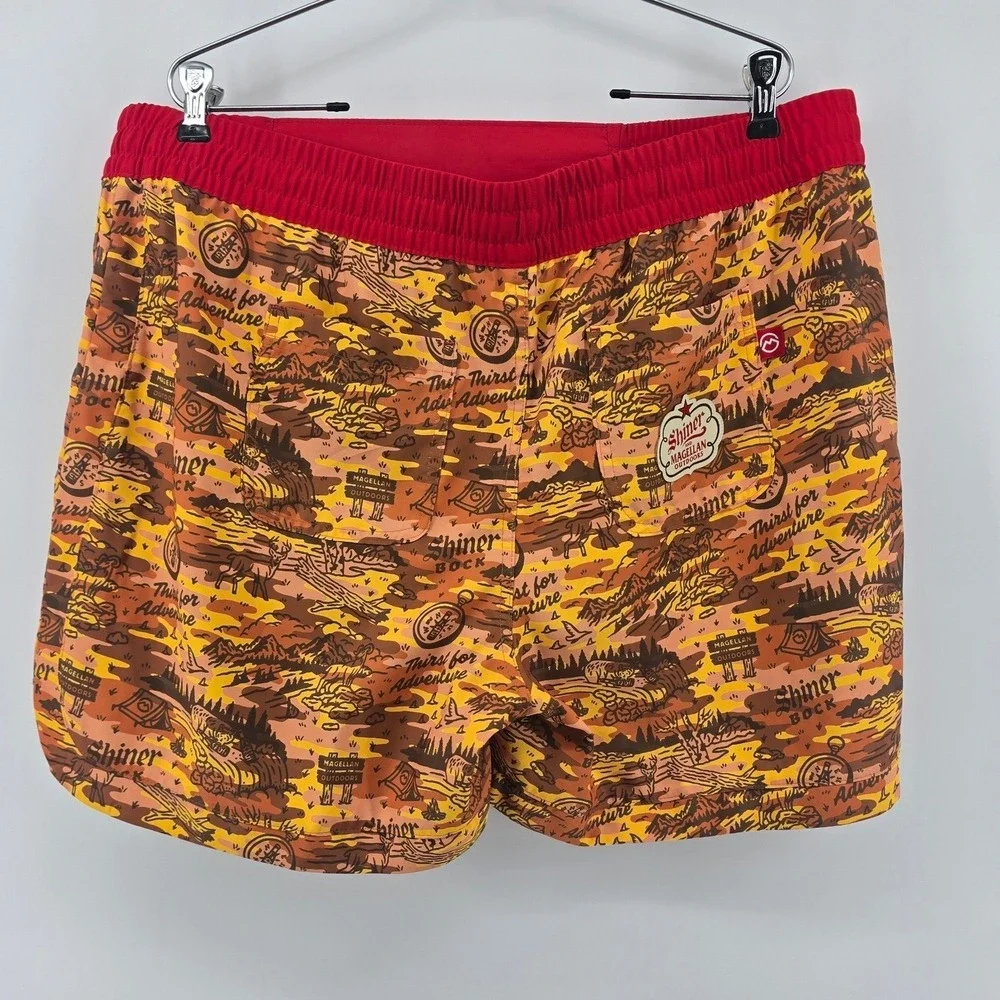 Magellan Outdoors Swim Trunks Mens XXL Orange Shiner Bock Beer Camo Fish Shorts